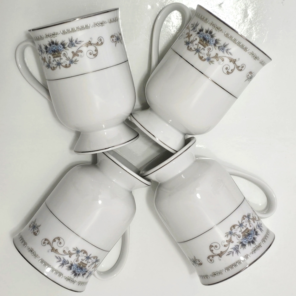 Diane by Fine China of Japan Blue Flower Scrolls - Set of 4 Footed Coffee Cups